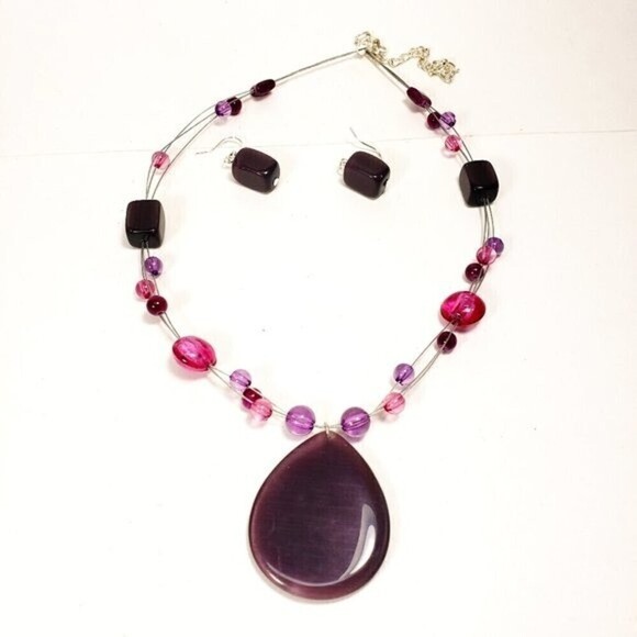 Silver Tone Layered Illusion Colorful Beaded Pendant Necklace  & Drop Earrings - Picture 2 of 10